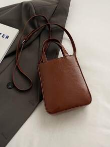 1pc Women Solid Color PU Leather Zipper Closure Handbag, Suitable For Dates And Gifts - Brown - View 4