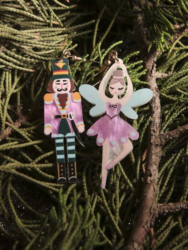 Orecchini da dichiarazione natalizi, orecchini divertenti e carini in acrilico asimmetrici con design di schiaccianoci e fate, regalo natalizio per lei, migliore amica, ragazza