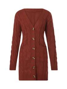 Female Cardigan, Solid Color Long Sleeve Sweater Knitted Coat With Pockets For Spring Fall, S/M/L - 酒紅色 - 查看 5
