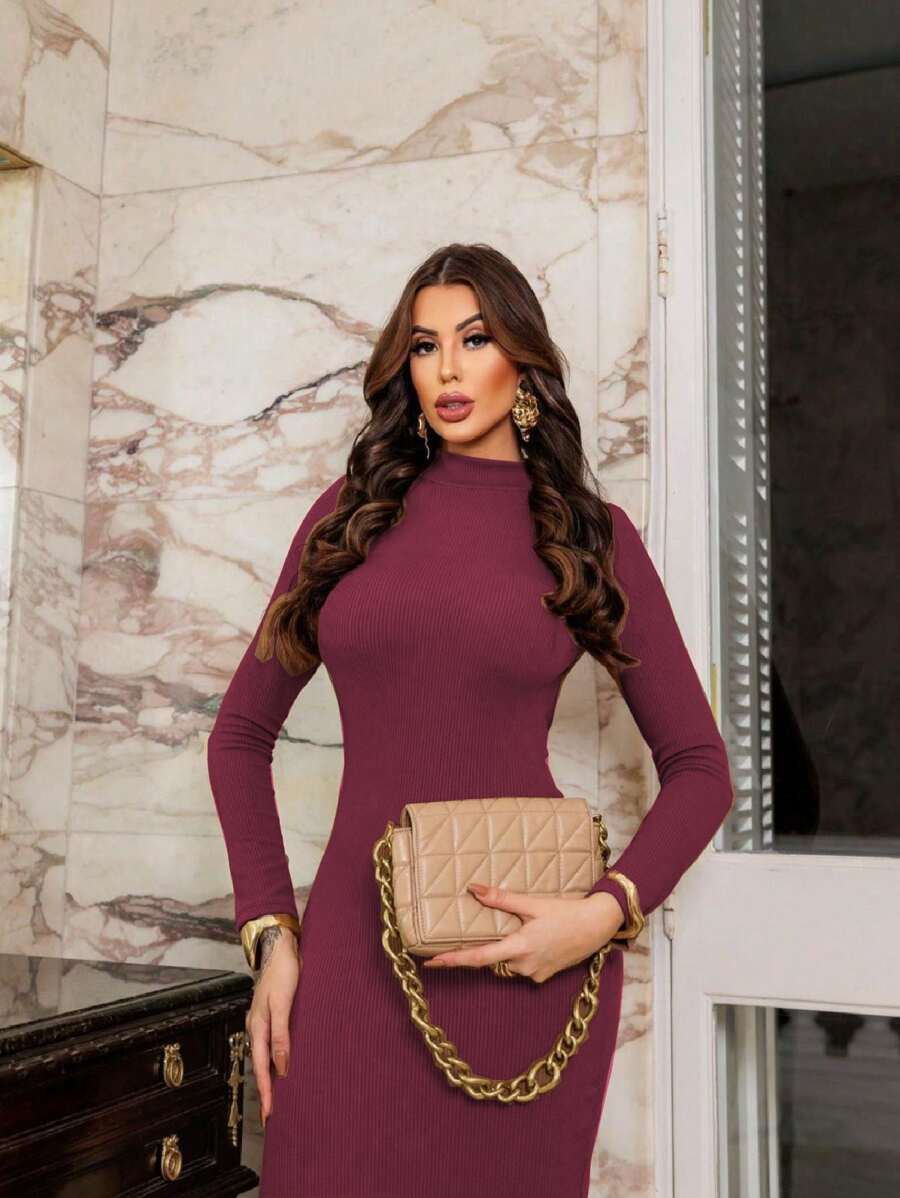 ANA Brown Midi Dress, Slim Fit, Elegant, Chic, Butt Lifting, Gringa - 酒紅色 - 查看 1