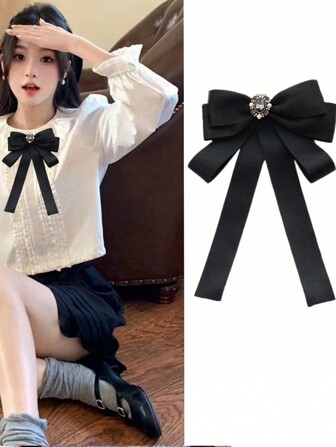 1Pc Tie, Women's Small Fragrance Style, Big Bow, Black Matte Pearl, Versatile Ribbon, Pin, Women's College Style Accessory, Brooch Valentine's Day Valentines Dress Accessories Pin For Clothes Bag Charm School College Office Accessories Shirts Jacket Jewelry Christmas Halloween Clothes Pin Funny Cute Teacher Gifts