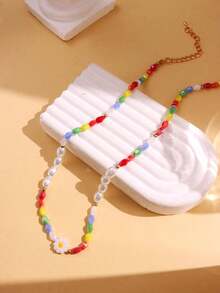 1 件 Y2K 时尚清新多巴胺小雏菊眼珍珠时尚珠宝多层项链女士派对珠宝 - 彩色 - 查看 6