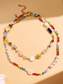 1 件 Y2K 时尚清新多巴胺小雏菊眼珍珠时尚珠宝多层项链女士派对珠宝 - 彩色 - 查看 8