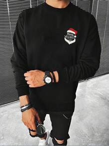 DIFFLAND Spring Men's Casual Daily Soft And Comfortable Round Neck Sweatshirt, Christmas Style Christmas Hat Printing Pattern, Black Round Neck Pullover Long Sleeve Sweatshirt