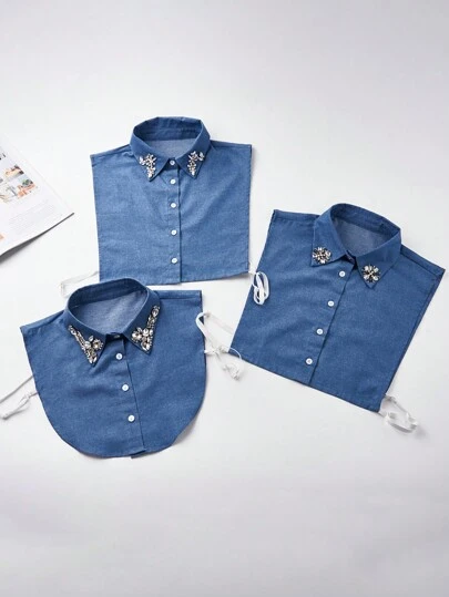 1 pezzo Colletto in denim da donna con punta, decorato a mano con strass in vetro, accessorio di moda versatile per abiti, adatto per decorazioni natalizie