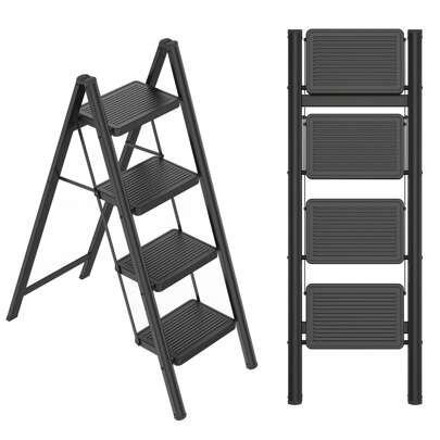 LILIIN Stepladder 3 Steps Foldable, Steel Ladder, Non-Slip Rubber Mats, Widened Steps, Load Capacity Up To 270KG, For Home, Office, Garage, Black
