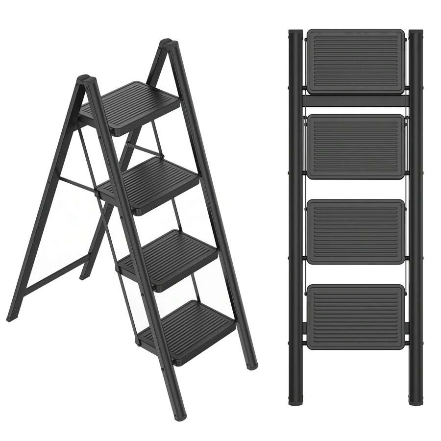 LILIIN Stepladder 3 Steps Foldable, Steel Ladder, Non-Slip Rubber Mats, Widened Steps, Load Capacity Up To 270KG, For Home, Office, Garage, Black - 4 Stufen - View 1