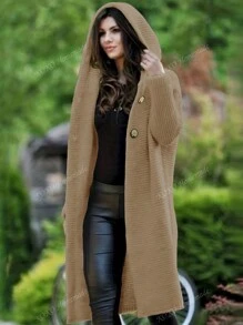 Solid Hooded Button Front Cardigan, Casual Long Sleeve Cardigan For Fall & Winter, Women's Clothing