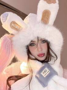 1 可爱二合一帽子围巾，狐狸耳朵围巾，兔耳羊毛帽，可爱耳朵羊毛帽和围巾组合，一体式耳罩防风帽和围巾，适合女性冬季秋季 - 彩色 - 查看 8