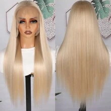 13X6 Free Part Platinum Blonde Lace Front Wigs 28 Inch Pre Plucked Long Straight Hair Wigs Glueless Soft Ash Blonde Colored Wigs Heat Resistant Fiber Hair Synthetic Lace Front Wigs For Women For Daily Christmas Party Cosplay Use - 金色 - 查看 8