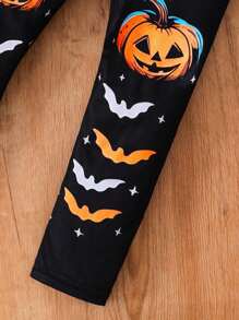 2 件套女孩万圣节主题服装，包括蜘蛛、蝙蝠、南瓜图案长袖上衣和松紧腰南瓜、蝙蝠、星星印花裤，适合女孩的时尚街头装扮，适合春秋季节