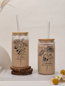 Custom Birth Flowers Cups, Personalized Iced Coffee Cup 16/20oz Glass Cup, Custom Beer Can Glass With Lid And Straw, Glass Can Coffee Cup, Back To School Gift, Birth Flower, To Go Iced Coffee Cup, Birth Flower Cup With Name