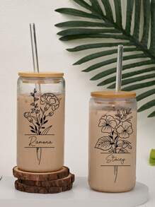 Custom Birth Flowers Cups, Personalized Iced Coffee Cup 16/20oz Glass Cup, Custom Beer Can Glass With Lid And Straw, Glass Can Coffee Cup, Back To School Gift, Birth Flower, To Go Iced Coffee Cup, Birth Flower Cup With Name