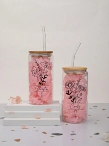 Custom Birth Flowers Cups, Personalized Iced Coffee Cup 16/20oz Glass Cup, Custom Beer Can Glass With Lid And Straw, Glass Can Coffee Cup, Back To School Gift, Birth Flower, To Go Iced Coffee Cup, Birth Flower Cup With Name