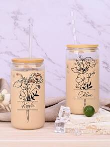 Custom Birth Flowers Cups, Personalized Iced Coffee Cup 16/20oz Glass Cup, Custom Beer Can Glass With Lid And Straw, Glass Can Coffee Cup, Back To School Gift, Birth Flower, To Go Iced Coffee Cup, Birth Flower Cup With Name