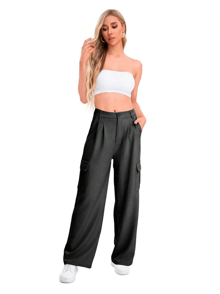 Low-Rise, Slim-Fit Work Pants With Multiple Pockets - Dark Grey - View 1