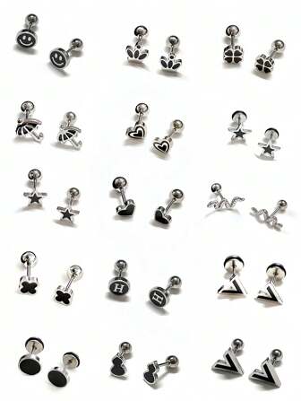 Elegant Minimalist Gourd Star Stud Earrings, Cool Smiling Face Titanium Steel Cartilage Earrings, Twist Screw Design Fashionable Earrings Suitable For Men & Women Everyday Wear