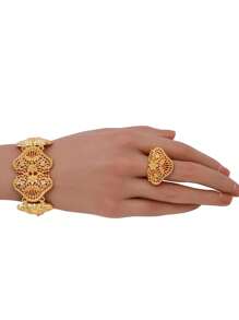 1 Set (2 piezas de aretes, 1 pieza de anillo, 1 pieza de brazalete, 1 pieza de collar) de aleación de cobre bañado en oro de 24K con diseño exagerado de estilo nupcial de Medio Oriente y Dubai para mujeres
