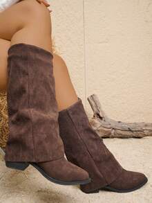 Giày bốt cao đến đầu gối trơn cho nữ, giày bốt mũi nhọn đế thấp thoải mái thời trang dễ xỏ vào - màu nâu - Xem 1