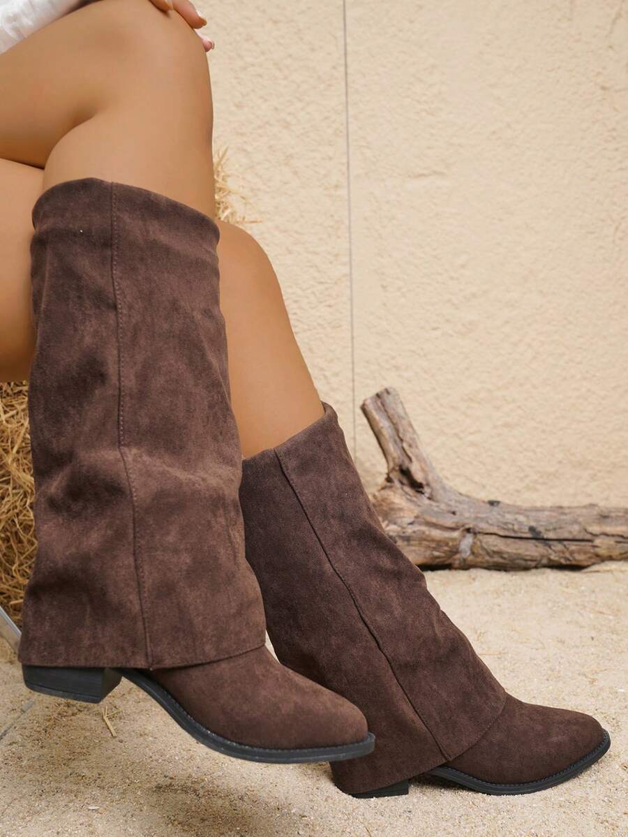 Giày bốt cao đến đầu gối trơn cho nữ, giày bốt mũi nhọn đế thấp thoải mái thời trang dễ xỏ vào - màu nâu - Xem 1