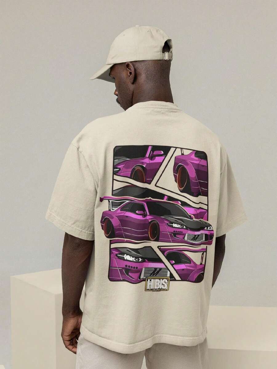 Men's Oversized T-Shirt 100% Premium Cotton Car BIS Streetwear Shirt - 米色 - 查看 1