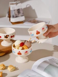 奶油陶瓷高碗卡通动物图案甜品碗蛋糕冰淇淋酸奶杯布丁杯甜品店杯水果杯餐桌装饰摆件客厅餐桌装饰送给家人和朋友的最佳生日节日杯礼物 - 彩色 - 查看 1