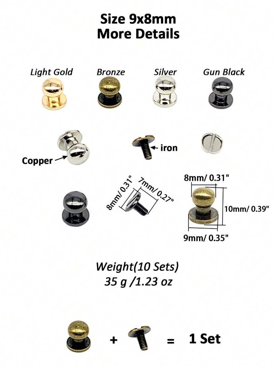 10 Sets Copper 8mm Round Head Button Phillips Screw Stud Rivet, Leather