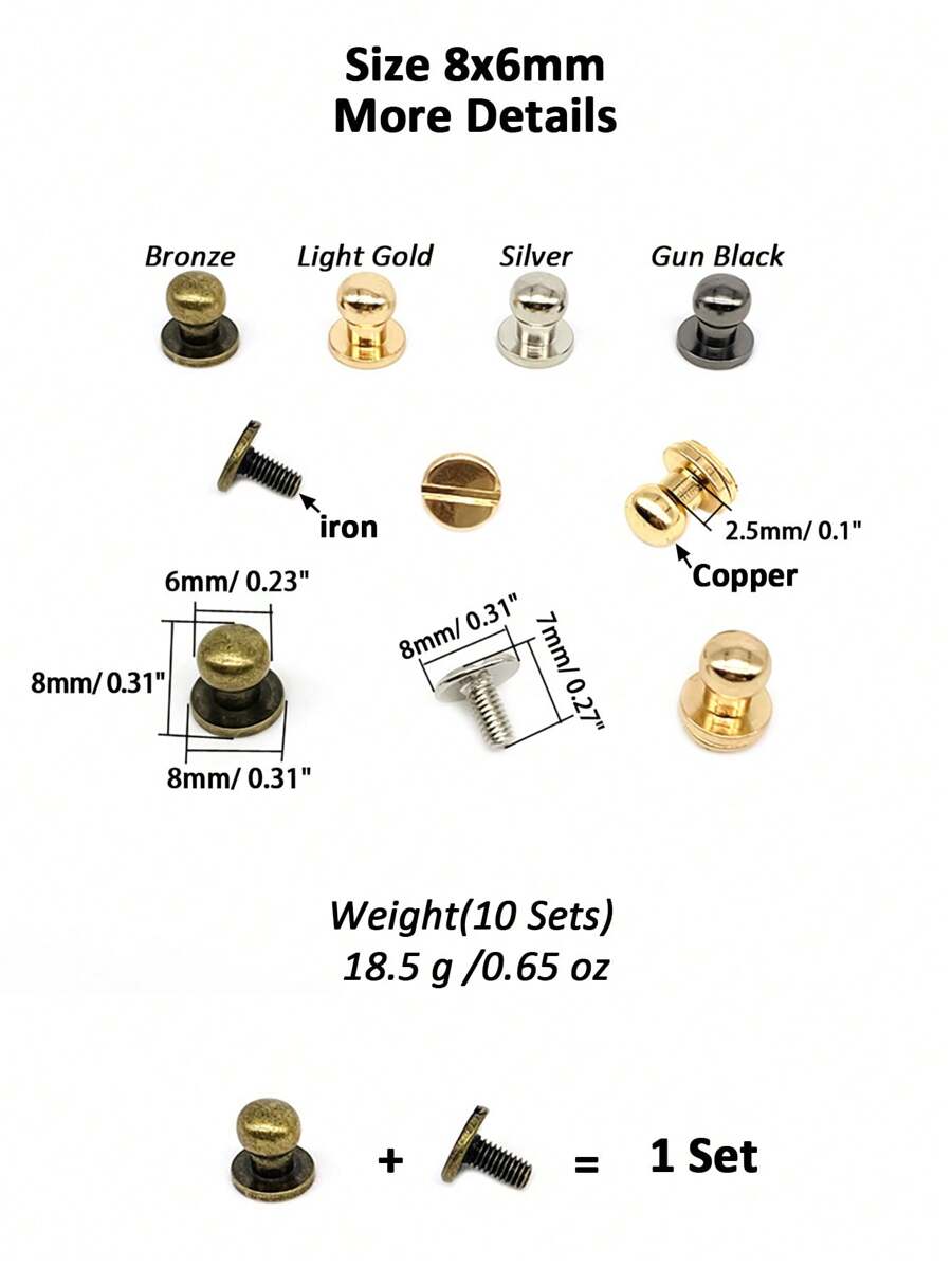 10 Sets Copper 8mm Round Head Button Phillips Screw Stud Rivet, Leather