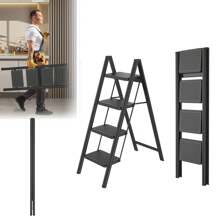 LILIIN Stepladder 3 Steps Foldable, Steel Ladder, Non-Slip Rubber Mats, Widened Steps, Load Capacity Up To 270KG, For Home, Office, Garage, Black - 4 Stufen - View 2