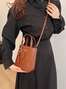 1pc Women Solid Color PU Leather Zipper Closure Handbag, Suitable For Dates And Gifts - Brown - View 7