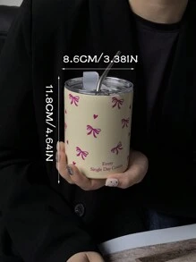 1pc 360ml/12.17oz Bow Knot Heart Shaped Thermal Insulation Mug, Keeps Drinks Hot & Cold, Stainless Steel Straw Cup, Vacuum Bottle Travel And Outdoor Sports, Flat Bottom Cup, Car Cup, Seasonal Beverage Holder, Holiday & Birthday Gift Back To School - Multicolor - View 2