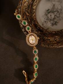 1 pieza Nuevo reloj de pulsera de moda vintage elegante para mujer con incrustación de piedras preciosas color verde esmeralda, esfera ovalada, resistente al agua 30M, estilo casual adecuado para uso diario, fiestas, vacaciones, regalo