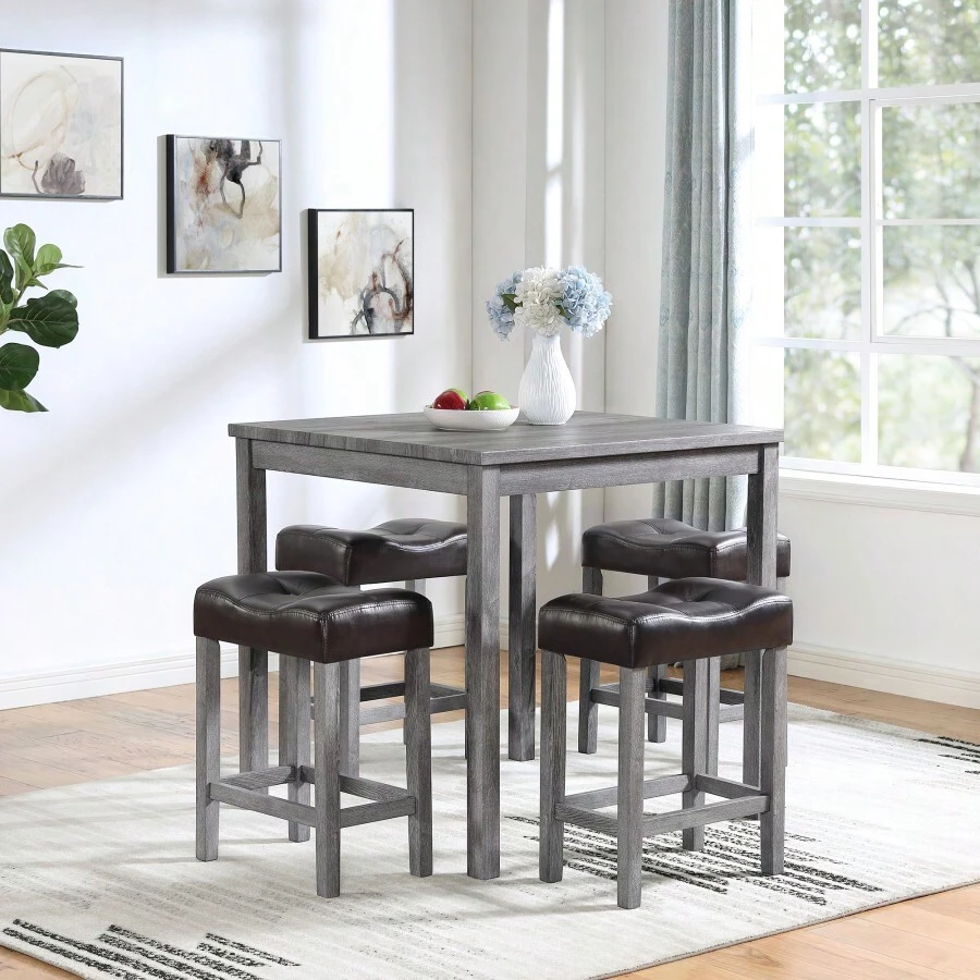 Dining Table, Bar Table And Chairs Set, 5 Piece Dining Table Set, Industrial Breakfast Table Set, For Living Room, Dining Room, Game Room, NEW SKU W1781140366 - 棕色+淺灰色+實木+MDF如圖 - 查看 1