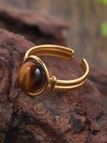 1 chiếc nhẫn hở có thể điều chỉnh hình bầu dục bằng thép không gỉ màu nâu vàng thanh lịch cổ điển tối giản quyến rũ sáng tạo, thích hợp cho phụ nữ đeo hàng ngày, quà tặng tiệc hoài cổ và Ngày của Mẹ - màu nâu - Xem 9