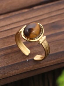 1 chiếc nhẫn hở có thể điều chỉnh hình bầu dục bằng thép không gỉ màu nâu vàng thanh lịch cổ điển tối giản quyến rũ sáng tạo, thích hợp cho phụ nữ đeo hàng ngày, quà tặng tiệc hoài cổ và Ngày của Mẹ - màu nâu - Xem 2