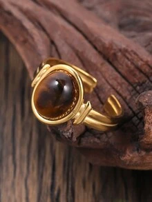 1 chiếc nhẫn hở có thể điều chỉnh hình bầu dục bằng thép không gỉ màu nâu vàng thanh lịch cổ điển tối giản quyến rũ sáng tạo, thích hợp cho phụ nữ đeo hàng ngày, quà tặng tiệc hoài cổ và Ngày của Mẹ - màu nâu - Xem 1