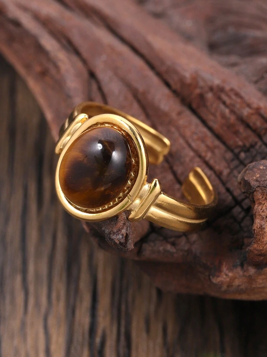 1 chiếc nhẫn hở có thể điều chỉnh hình bầu dục bằng thép không gỉ màu nâu vàng thanh lịch cổ điển tối giản quyến rũ sáng tạo, thích hợp cho phụ nữ đeo hàng ngày, quà tặng tiệc hoài cổ và Ngày của Mẹ - màu nâu - Xem 1