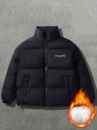 Men's Long Sleeve Thickened Warm Autumn Winter Stand Collar Letter Print Padded Coat