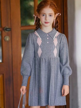 Vestido de suéter tejido de estilo universitario para niña joven