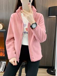 1pc Women Reversible Outdoor Fleece Jacket With Hoodie, Warm Solid Color Zipper Up Jacket, Sports Lined, Autumn/Winter - 粉色 - 查看 2