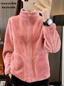 1pc Women Reversible Outdoor Fleece Jacket With Hoodie, Warm Solid Color Zipper Up Jacket, Sports Lined, Autumn/Winter - 粉色 - 查看 1