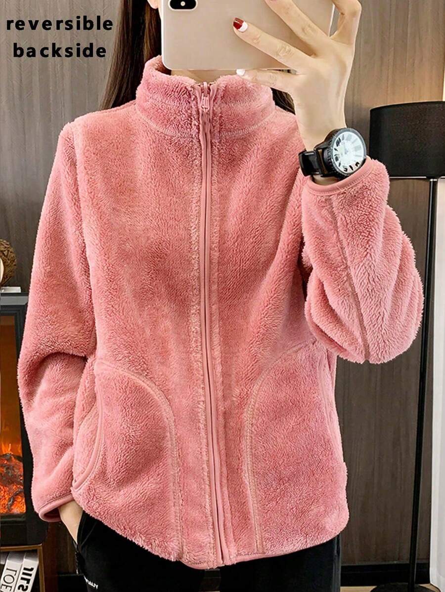 1pc Women Reversible Outdoor Fleece Jacket With Hoodie, Warm Solid Color Zipper Up Jacket, Sports Lined, Autumn/Winter - 粉色 - 查看 1