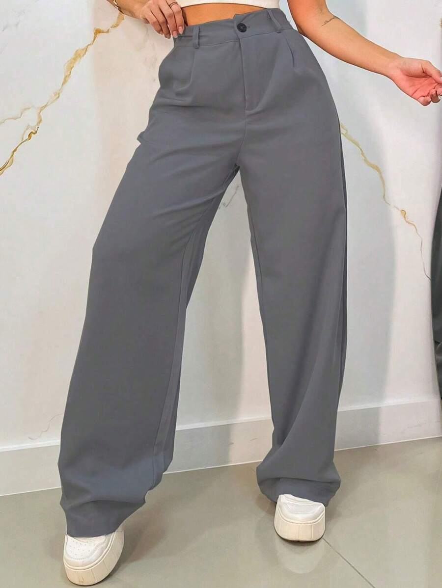 Women's Tailored Wide Leg Palazzo Pants With Button And Zipper - Light Grey - View 1