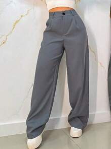 Women's Tailored Wide Leg Palazzo Pants With Button And Zipper - Light Grey - View 4