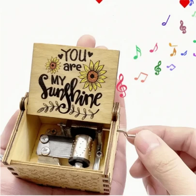 Wooden Music Box With Hand Crank, "You Are My Sunshine", Children's Music Box