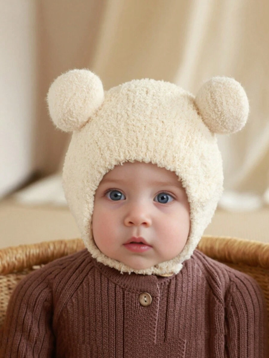 1 件装婴儿/儿童珊瑚保暖针织护耳帽，男女通用，适合秋冬季