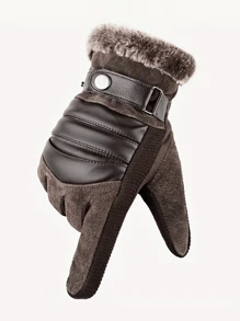 男士保暖内衬骑行手套，冬季保暖，厚 PU 皮革和毛皮，适合摩托车和山地运动，冬季暖手器