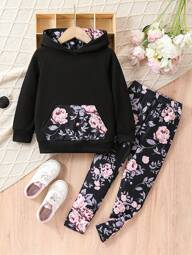 2pcs Young Girl Floral Print Leggings And Hoodie Sweatshirt Set, Fashionable, Suitable For Spring/Autumn