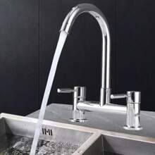Modern Dual Lever Chrome Kitchen Sink Mixer Taps 2 Hole Deck Mounted Tap Faucet - Silver - View 4