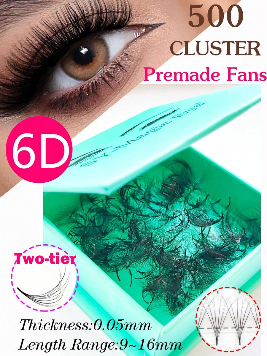 500 Fans Per Box,6D,Thickness 0.05mm,Three-Dimensional Effect,Curl D,Sharp Narrow Stem Premade Fans Eyelash Extension,Cluster Eyelashes,Natural & Soft,Hand-Grafted False Eyelasheslash Clusters,Eyelash Clusters,Individual Eyelashes,Lashes,Fake Lashes